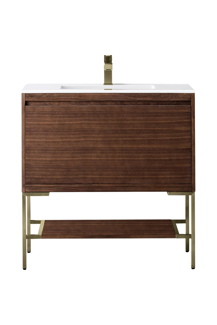Mantova 35.4" Single Vanity, Mid-Century Walnut, Champagne Brass Base w/ Glossy White Composite Stone Top