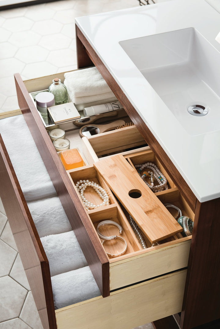 Mantova 35.4" Single Vanity, Mid-Century Walnut, Champagne Brass Base w/ Glossy White Composite Stone Top