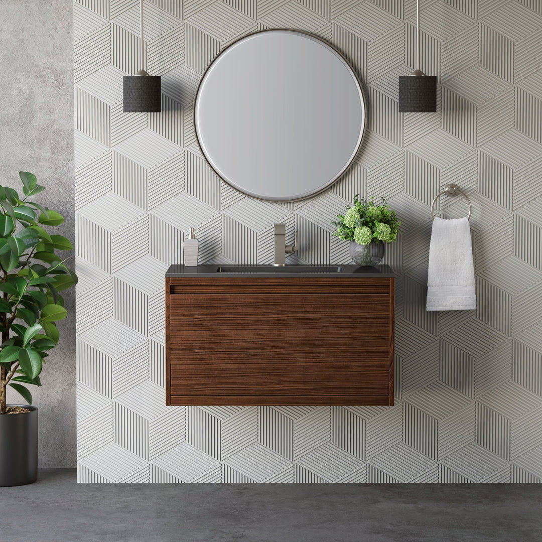 Mantova 35.4" Single Vanity, Mid-Century Walnut w/ Charcoal Black Composite Stone Top