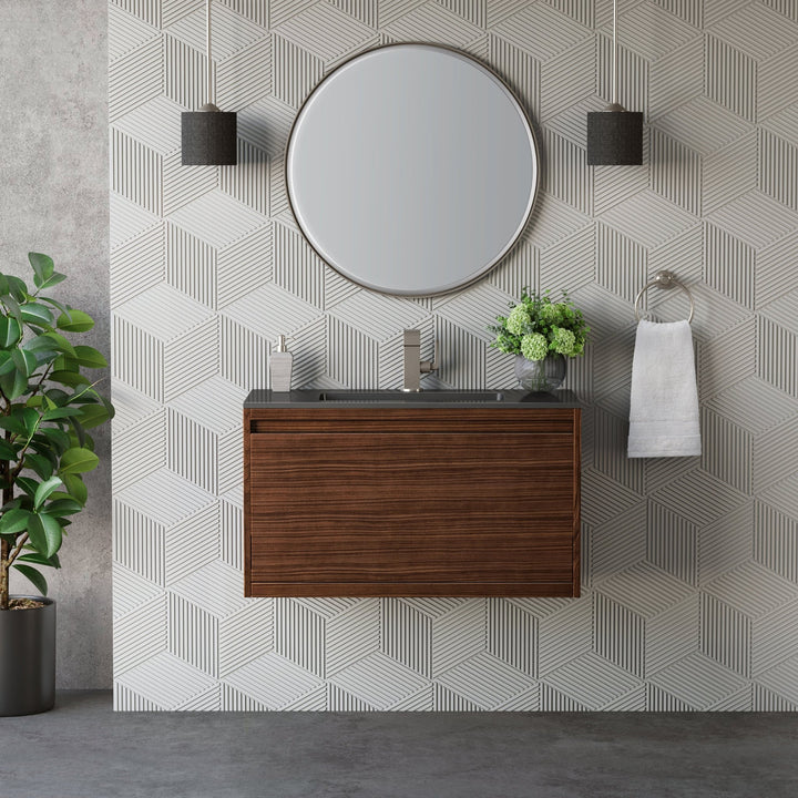 Mantova 35.4" Single Vanity, Mid-Century Walnut w/ Charcoal Black Composite Stone Top