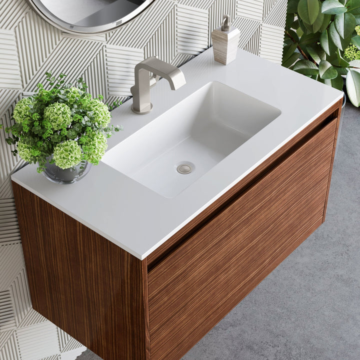 Mantova 35.4" Single Vanity, Mid-Century Walnut w/ Glossy White Composite Stone Top