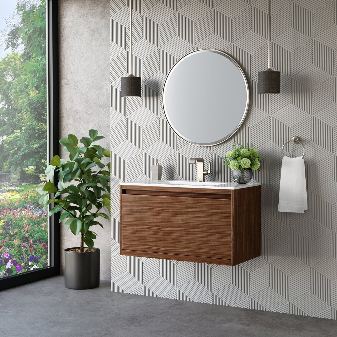 Mantova 35.4" Single Vanity, Mid-Century Walnut w/ Glossy White Composite Stone Top