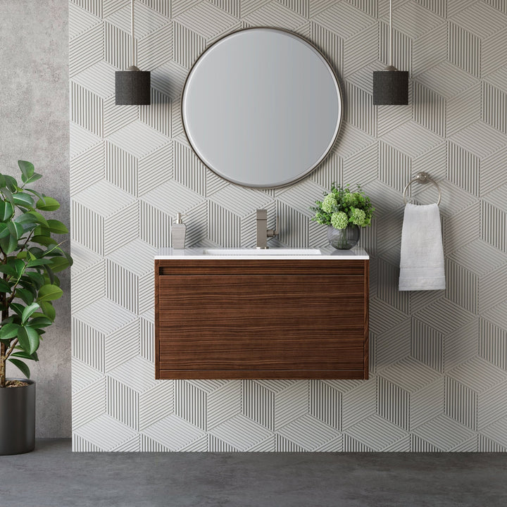 Mantova 35.4" Single Vanity, Mid-Century Walnut w/ Glossy White Composite Stone Top