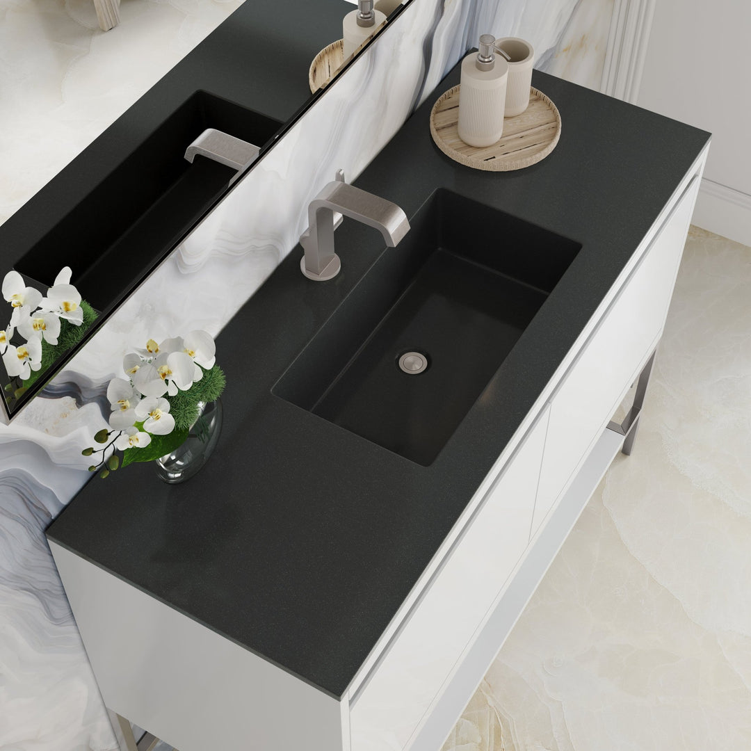 Mantova 47.3" Single Vanity, Glossy White, Brushed Nickel Base w/ Charcoal Black Composite Stone Top