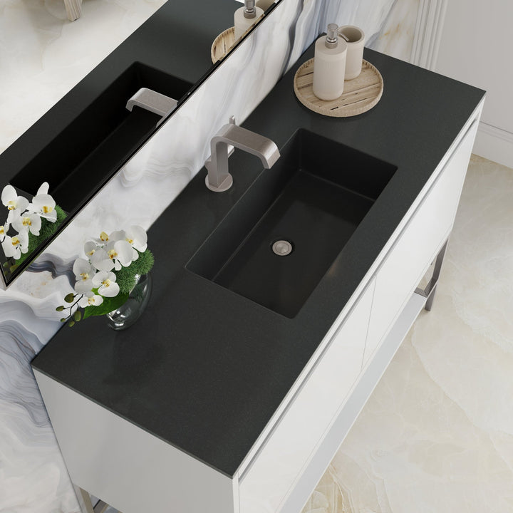 Mantova 47.3" Single Vanity, Glossy White, Brushed Nickel Base w/ Charcoal Black Composite Stone Top