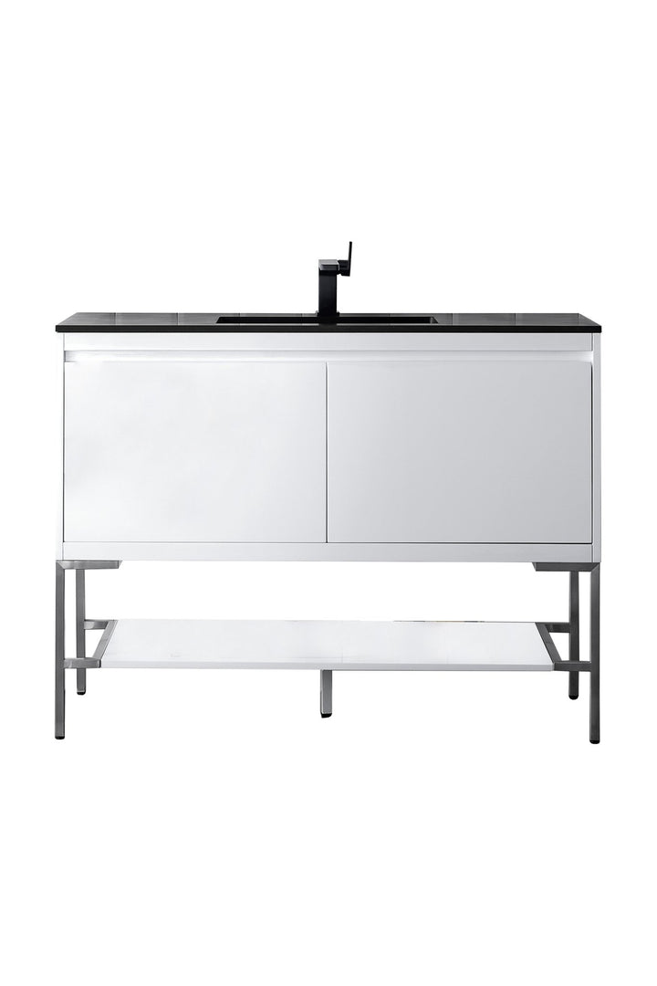 Mantova 47.3" Single Vanity, Glossy White, Brushed Nickel Base w/ Charcoal Black Composite Stone Top