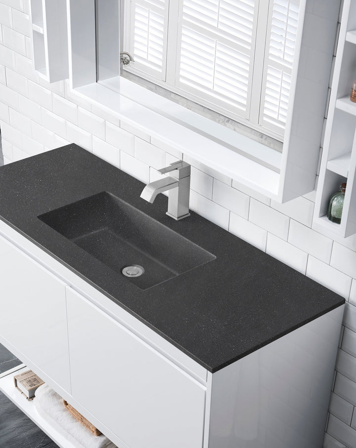 Mantova 47.3" Single Vanity, Glossy White, Brushed Nickel Base w/ Charcoal Black Composite Stone Top
