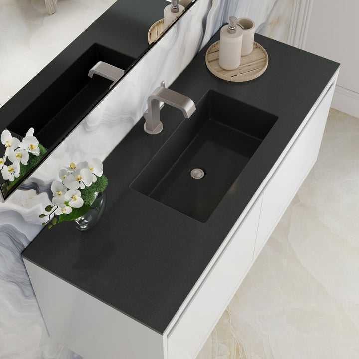 Mantova 47.3" Single Vanity, Glossy White, Brushed Nickel Base w/ Charcoal Black Composite Stone Top