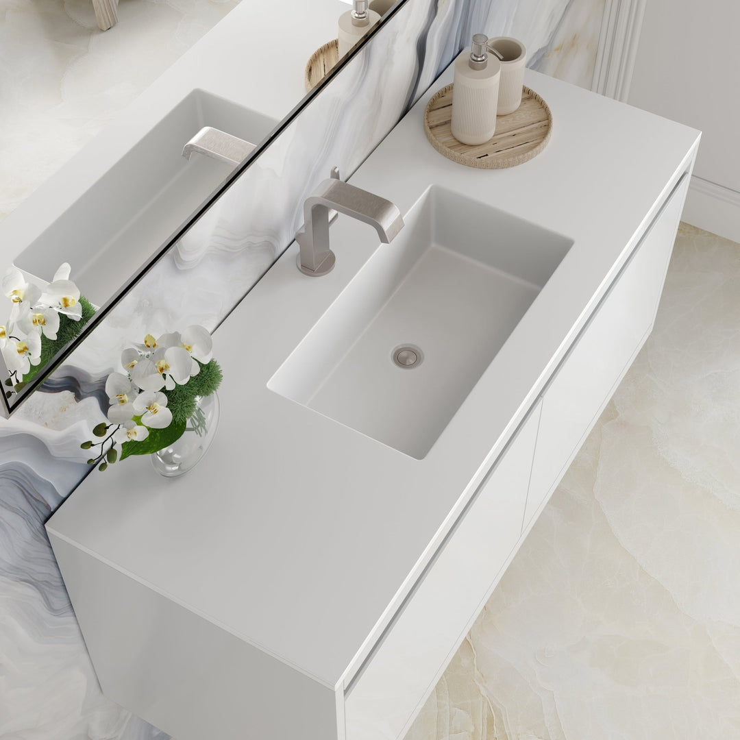 Mantova 47.3" Single Vanity, Glossy White, Brushed Nickel Base w/ Glossy White Composite Stone Top