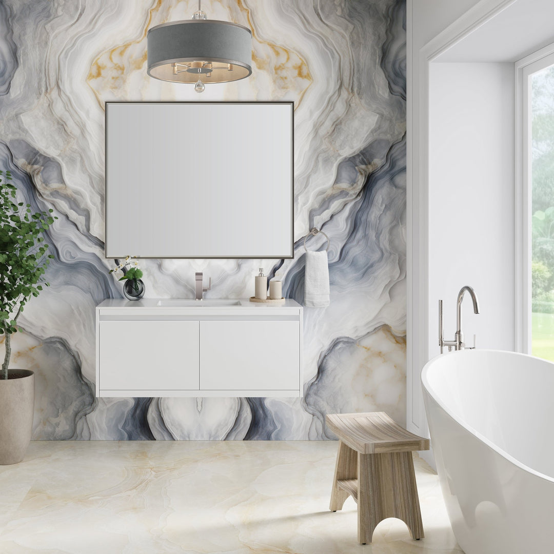 Mantova 47.3" Single Vanity, Glossy White, Brushed Nickel Base w/ Glossy White Composite Stone Top
