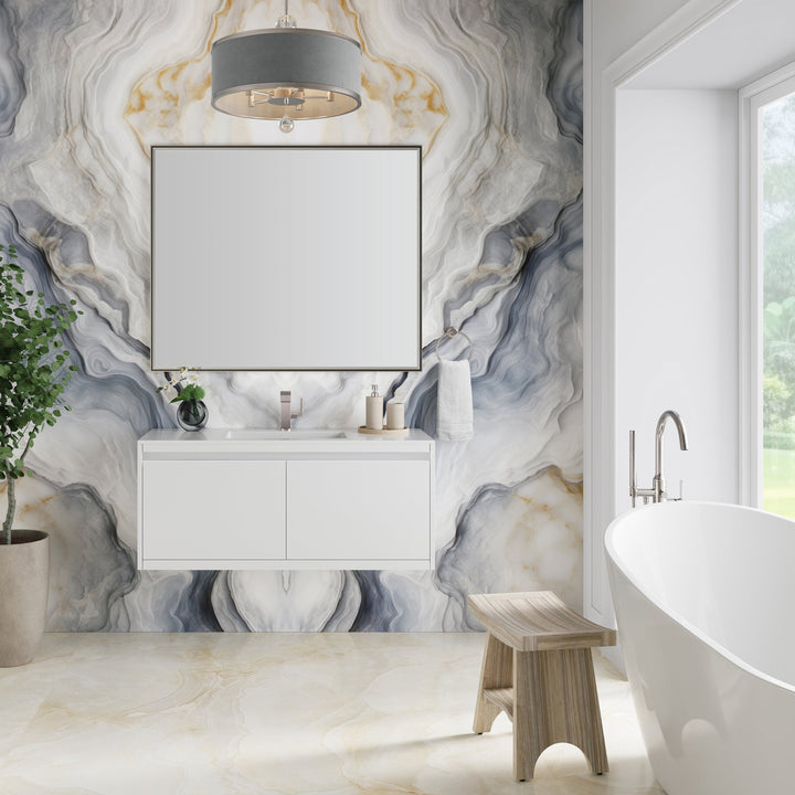 Mantova 47.3" Single Vanity, Glossy White, Brushed Nickel Base w/ Glossy White Composite Stone Top