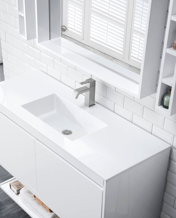 Mantova 47.3" Single Vanity, Glossy White, Brushed Nickel Base w/ Glossy White Composite Stone Top