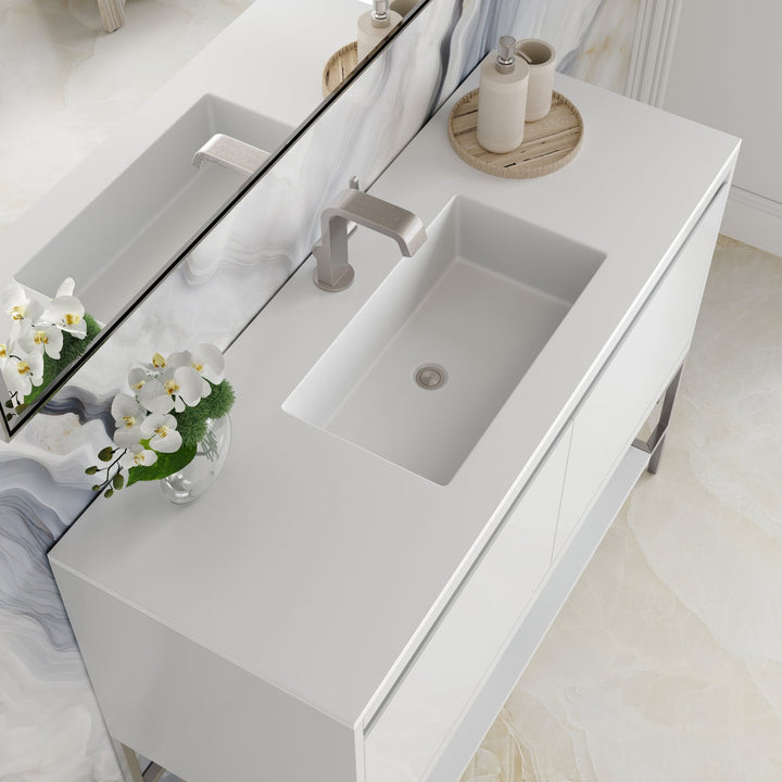Mantova 47.3" Single Vanity, Glossy White, Brushed Nickel Base w/ Glossy White Composite Stone Top