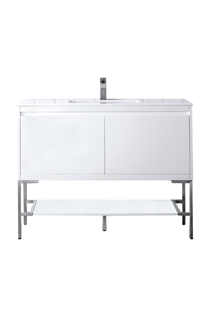Mantova 47.3" Single Vanity, Glossy White, Brushed Nickel Base w/ Glossy White Composite Stone Top