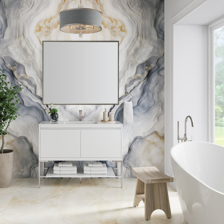 Mantova 47.3" Single Vanity, Glossy White, Brushed Nickel Base w/ Glossy White Composite Stone Top