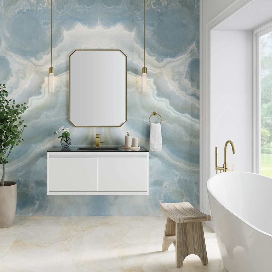 Mantova 47.3" Single Vanity, Glossy White, Champagne Brass Base w/ Charcoal Black Composite Stone Top