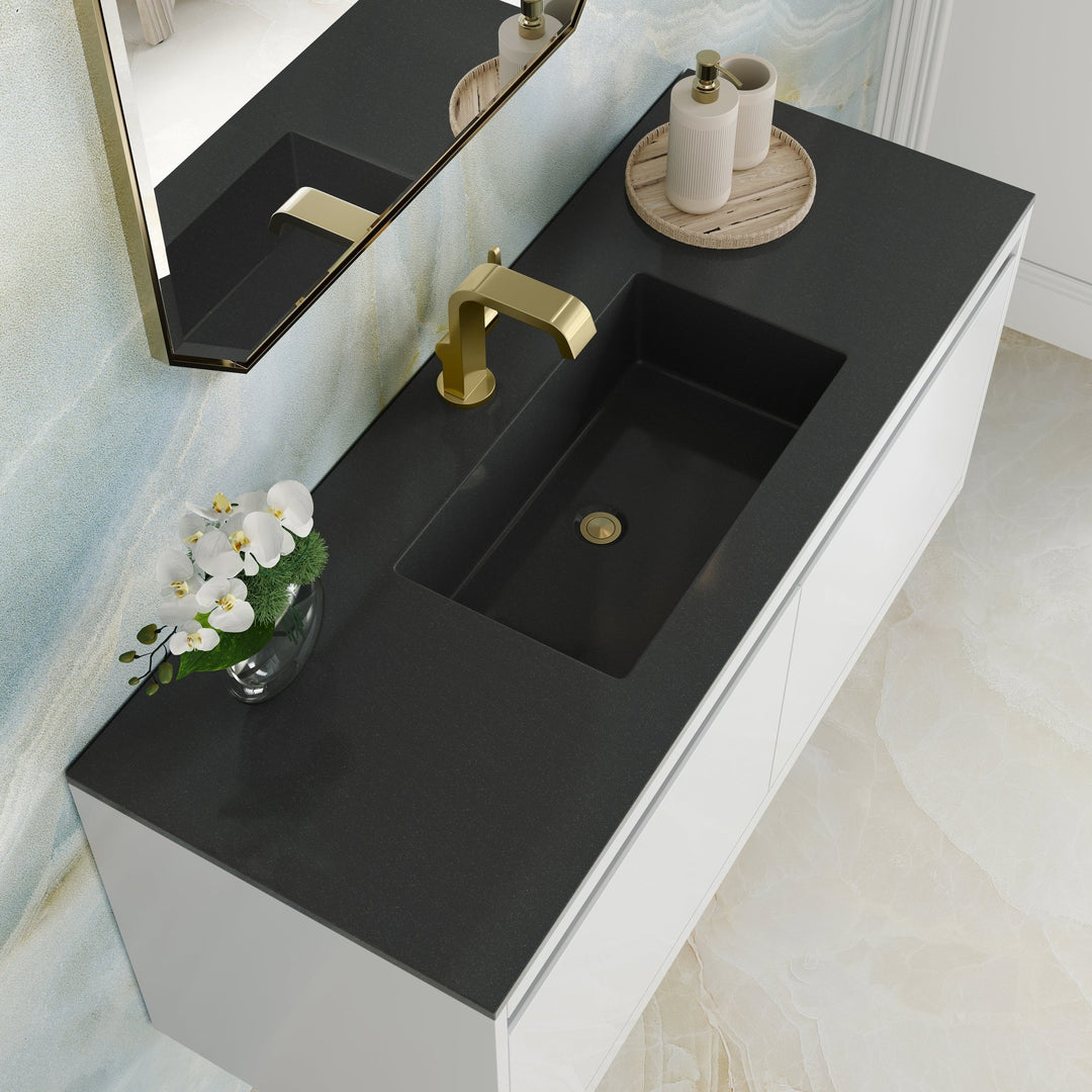 Mantova 47.3" Single Vanity, Glossy White, Champagne Brass Base w/ Charcoal Black Composite Stone Top