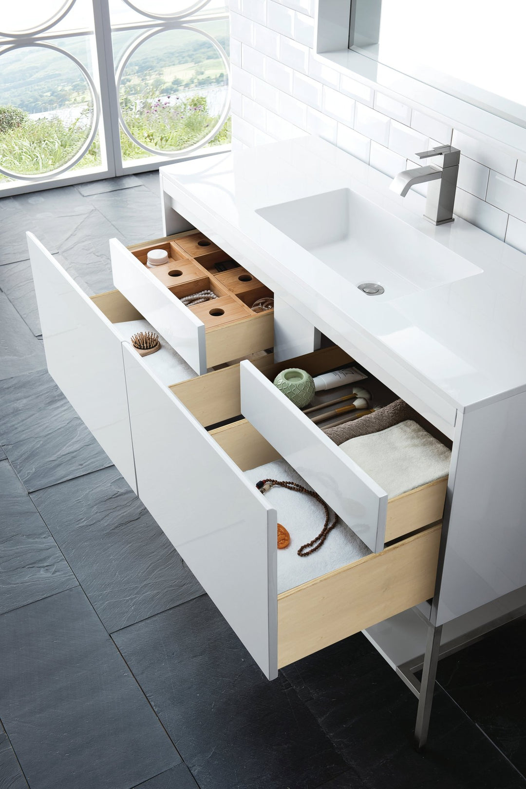 Mantova 47.3" Single Vanity, Glossy White, Champagne Brass Base w/ Charcoal Black Composite Stone Top