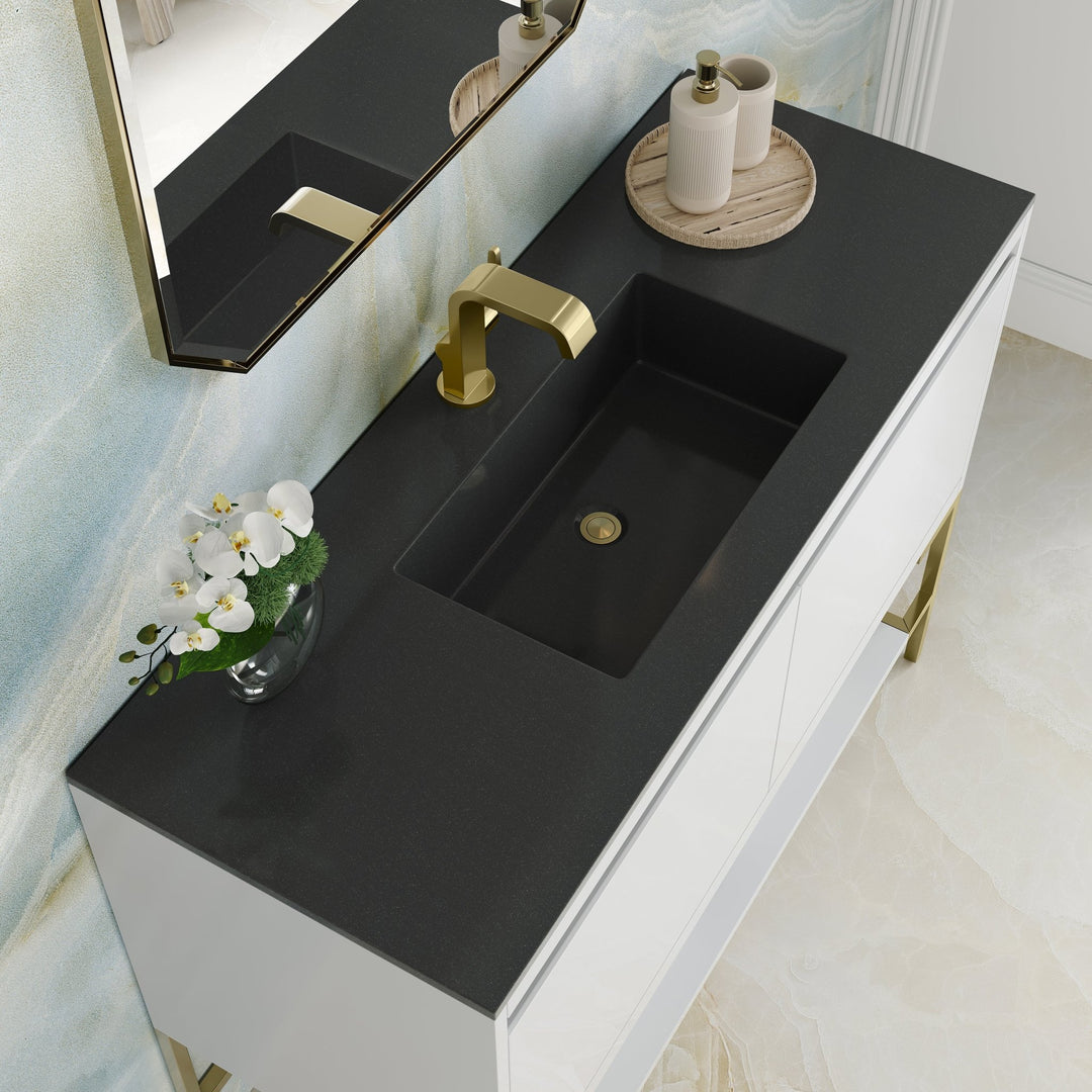Mantova 47.3" Single Vanity, Glossy White, Champagne Brass Base w/ Charcoal Black Composite Stone Top