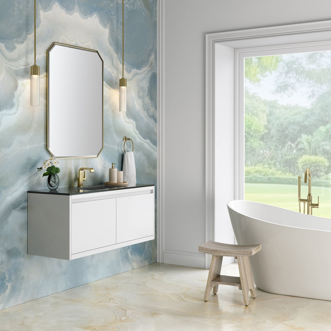 Mantova 47.3" Single Vanity, Glossy White, Champagne Brass Base w/ Charcoal Black Composite Stone Top