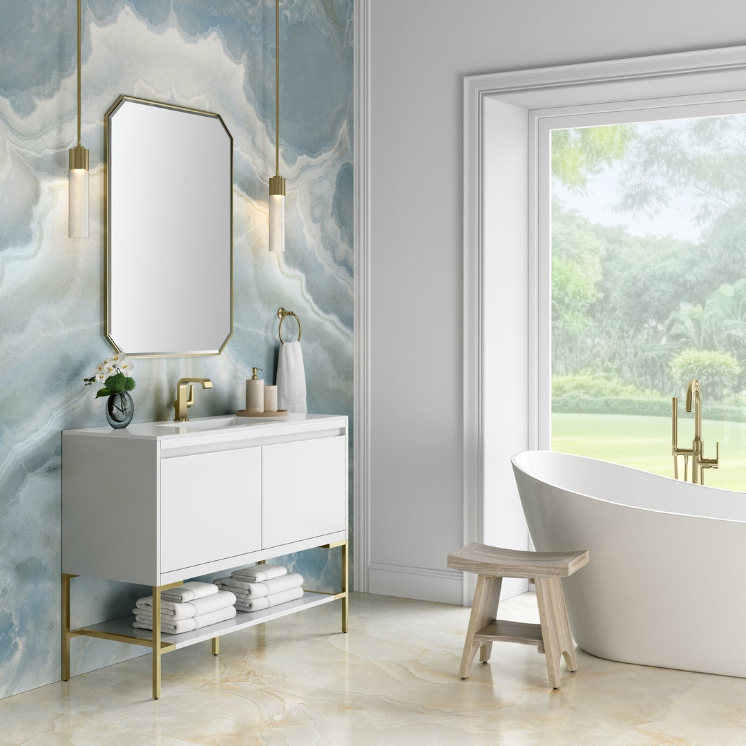 Mantova 47.3" Single Vanity, Glossy White, Champagne Brass Base w/ Glossy White Composite Stone Top
