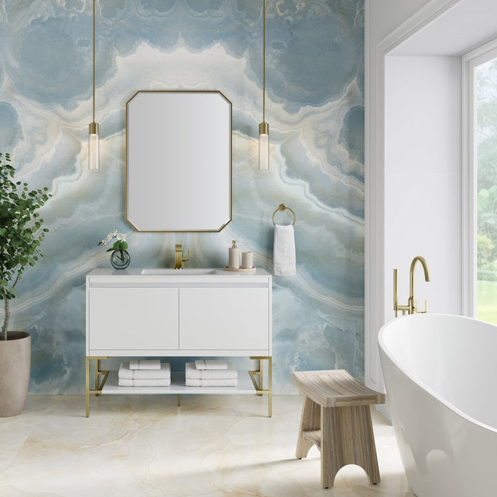 Mantova 47.3" Single Vanity, Glossy White, Champagne Brass Base w/ Glossy White Composite Stone Top