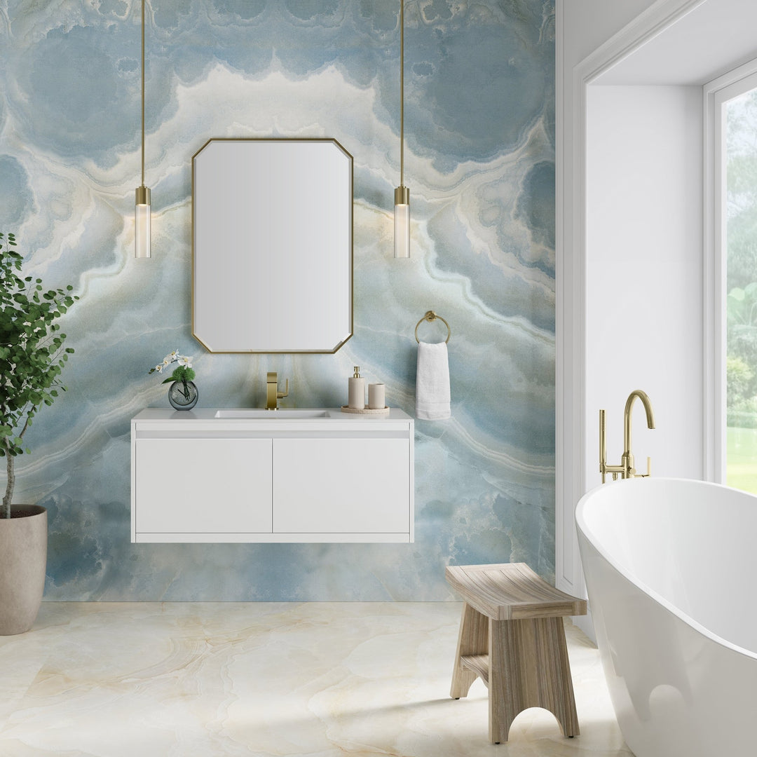 Mantova 47.3" Single Vanity, Glossy White, Champagne Brass Base w/ Glossy White Composite Stone Top