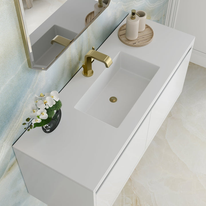 Mantova 47.3" Single Vanity, Glossy White, Champagne Brass Base w/ Glossy White Composite Stone Top