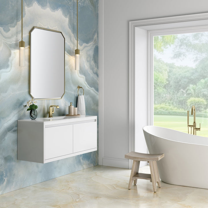 Mantova 47.3" Single Vanity, Glossy White, Champagne Brass Base w/ Glossy White Composite Stone Top
