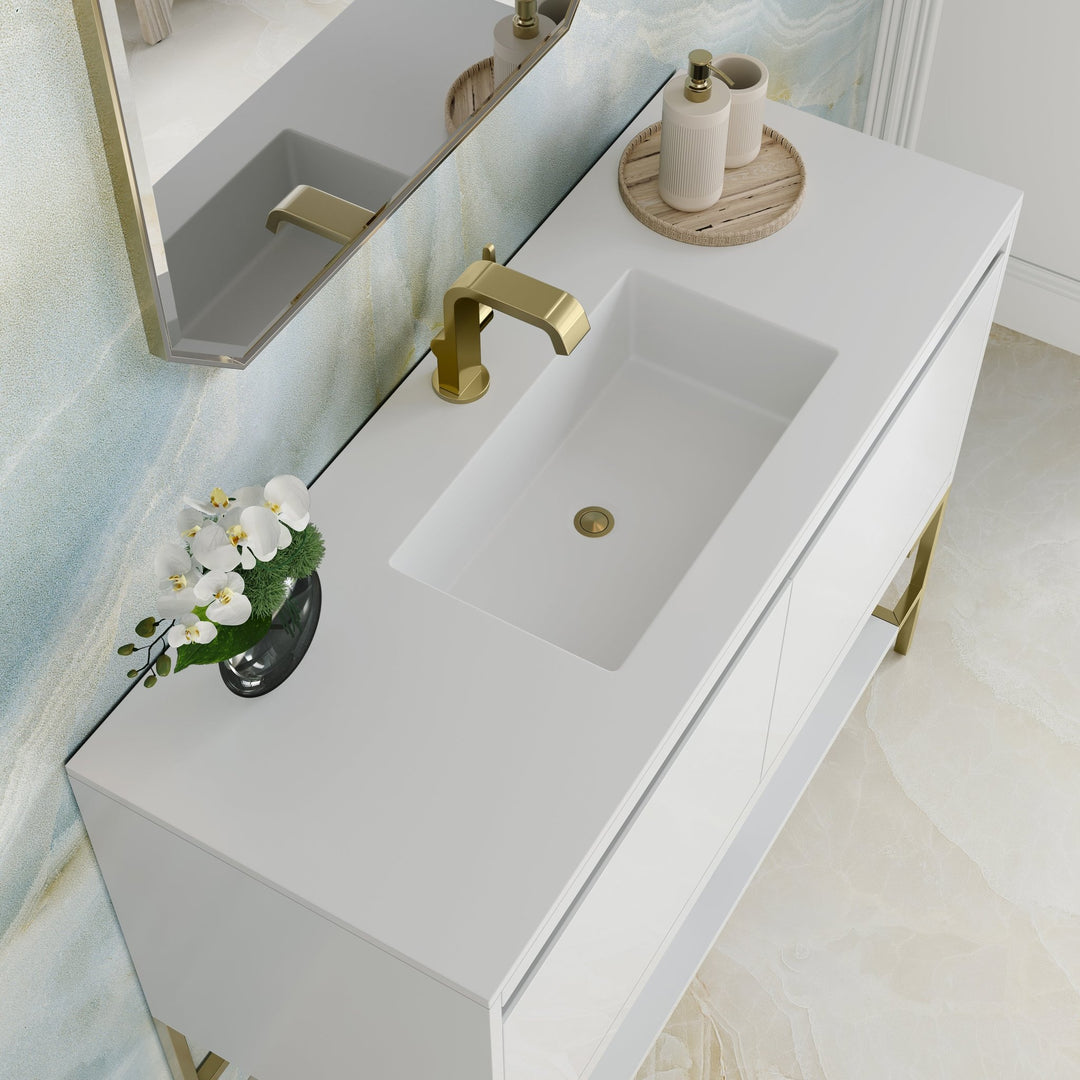 Mantova 47.3" Single Vanity, Glossy White, Champagne Brass Base w/ Glossy White Composite Stone Top