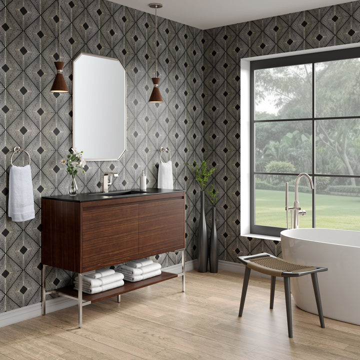 Mantova 47.3" Single Vanity, Mid-Century Walnut, Brushed Nickel Base w/ Charcoal Black Composite Stone Top