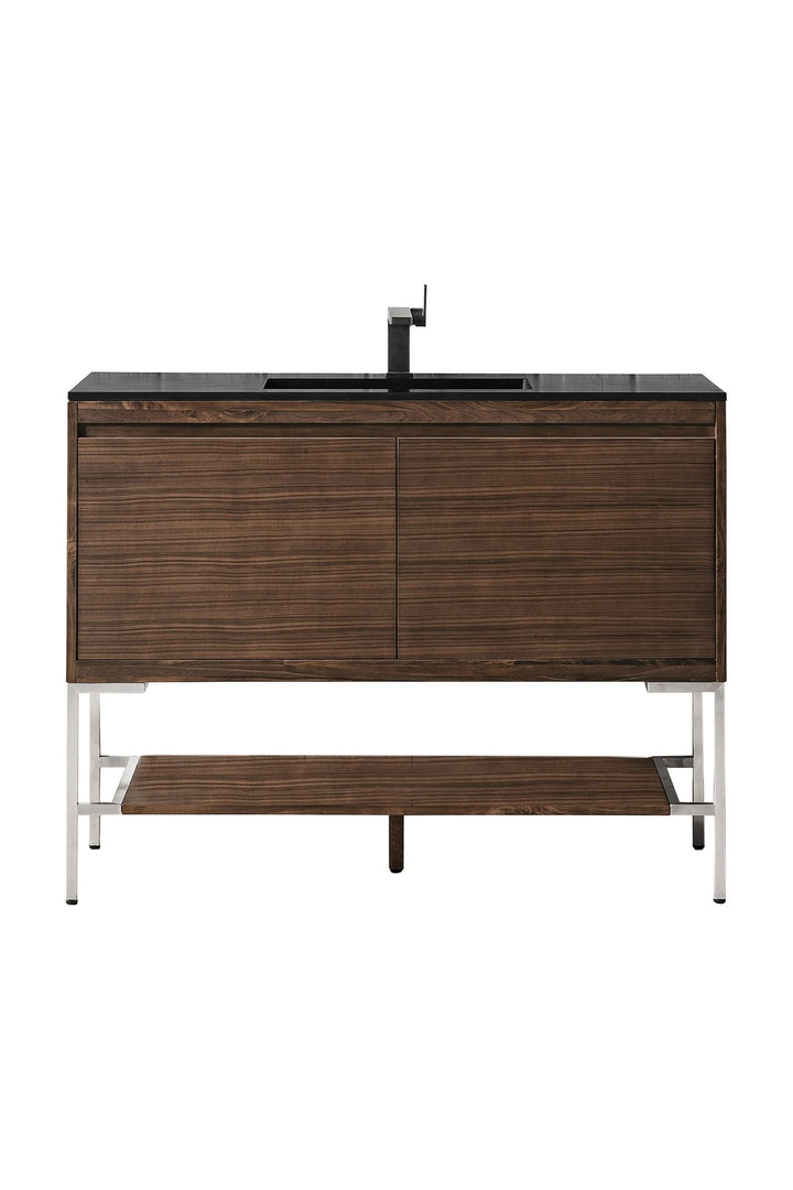 Mantova 47.3" Single Vanity, Mid-Century Walnut, Brushed Nickel Base w/ Charcoal Black Composite Stone Top