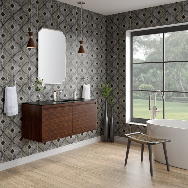 Mantova 47.3" Single Vanity, Mid-Century Walnut, Brushed Nickel Base w/ Charcoal Black Composite Stone Top