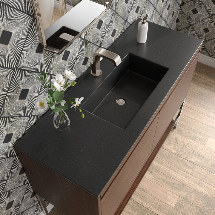 Mantova 47.3" Single Vanity, Mid-Century Walnut, Brushed Nickel Base w/ Charcoal Black Composite Stone Top