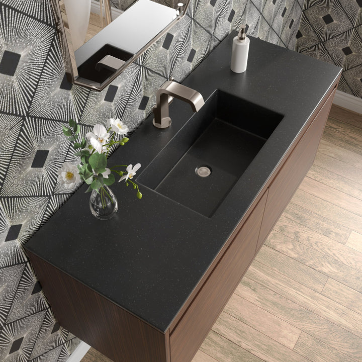 Mantova 47.3" Single Vanity, Mid-Century Walnut, Brushed Nickel Base w/ Charcoal Black Composite Stone Top