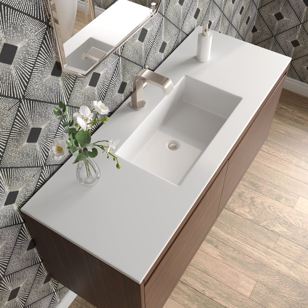 Mantova 47.3" Single Vanity, Mid-Century Walnut, Brushed Nickel Base w/ Glossy White Composite Stone Top