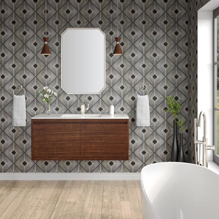 Mantova 47.3" Single Vanity, Mid-Century Walnut, Brushed Nickel Base w/ Glossy White Composite Stone Top