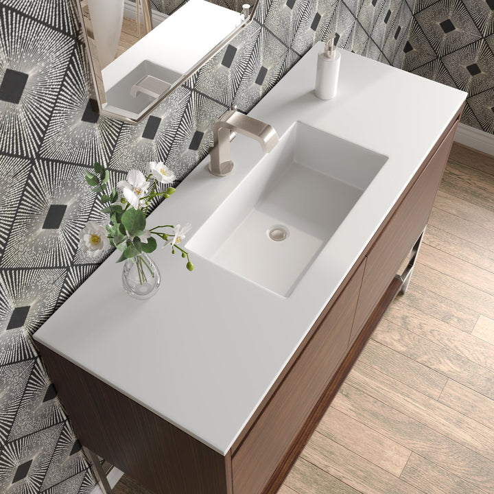 Mantova 47.3" Single Vanity, Mid-Century Walnut, Brushed Nickel Base w/ Glossy White Composite Stone Top