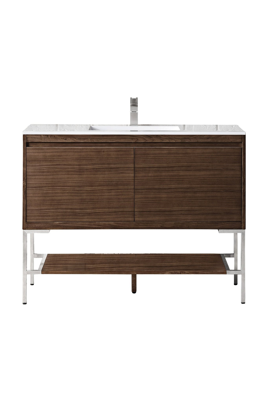 Mantova 47.3" Single Vanity, Mid-Century Walnut, Brushed Nickel Base w/ Glossy White Composite Stone Top
