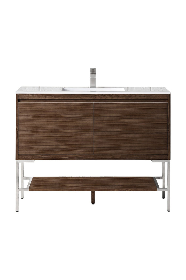 Mantova 47.3" Single Vanity, Mid-Century Walnut, Brushed Nickel Base w/ Glossy White Composite Stone Top