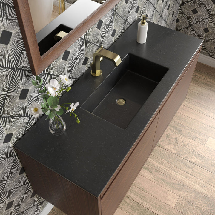 Mantova 47.3" Single Vanity, Mid-Century Walnut, Champagne Brass Base w/ Charcoal Black Composite Stone Top