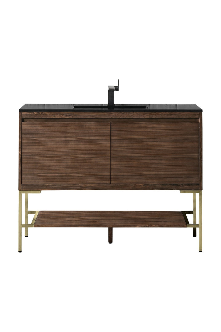 Mantova 47.3" Single Vanity, Mid-Century Walnut, Champagne Brass Base w/ Charcoal Black Composite Stone Top