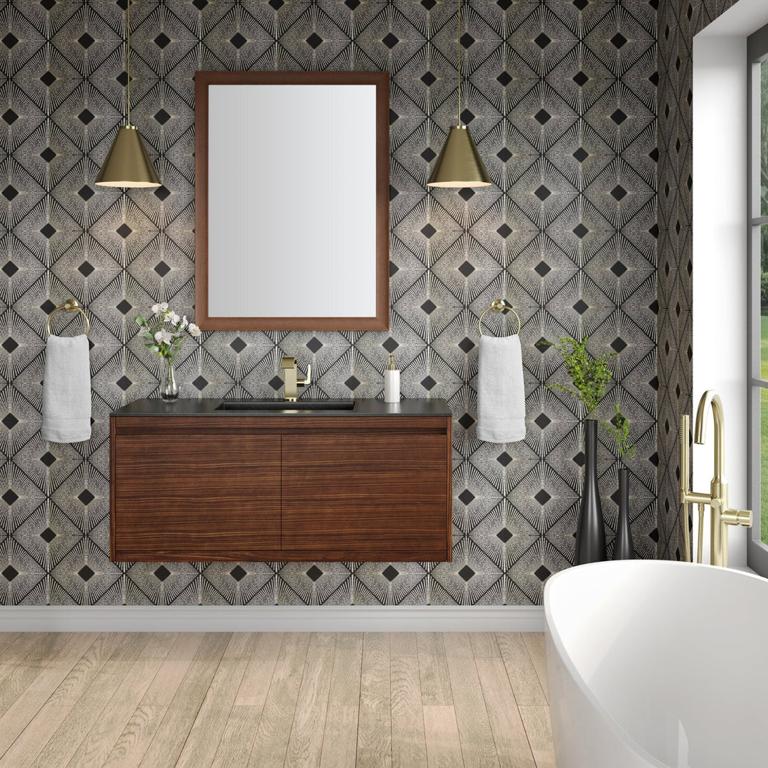 Mantova 47.3" Single Vanity, Mid-Century Walnut, Champagne Brass Base w/ Charcoal Black Composite Stone Top