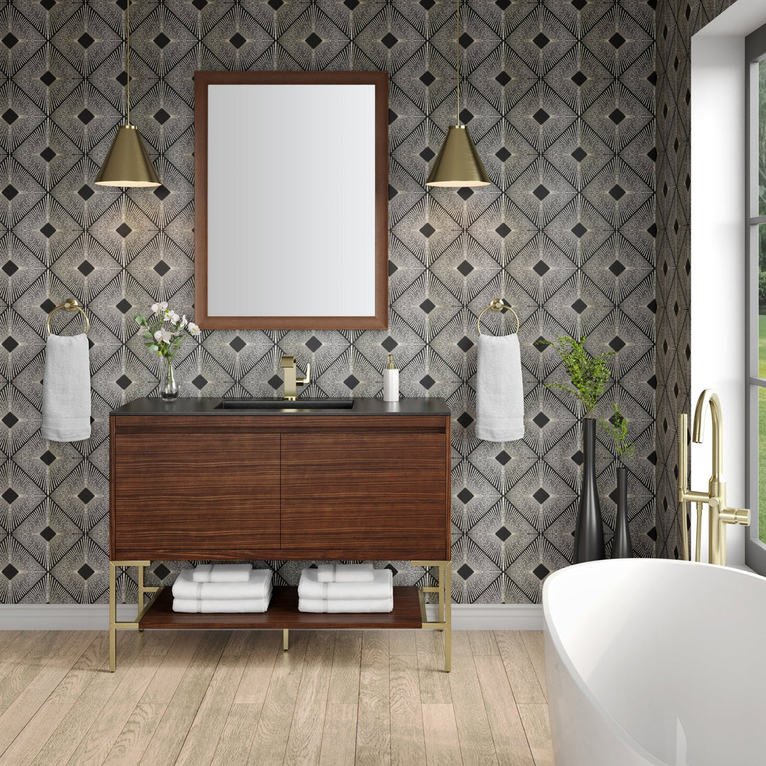 Mantova 47.3" Single Vanity, Mid-Century Walnut, Champagne Brass Base w/ Charcoal Black Composite Stone Top