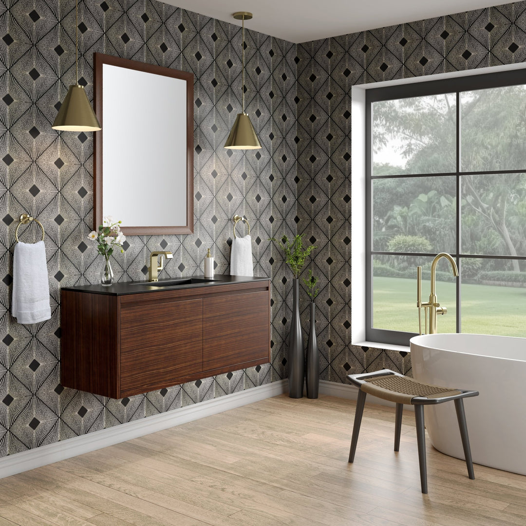 Mantova 47.3" Single Vanity, Mid-Century Walnut, Champagne Brass Base w/ Charcoal Black Composite Stone Top