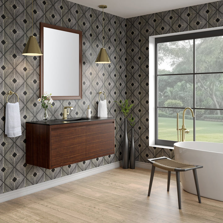 Mantova 47.3" Single Vanity, Mid-Century Walnut, Champagne Brass Base w/ Charcoal Black Composite Stone Top
