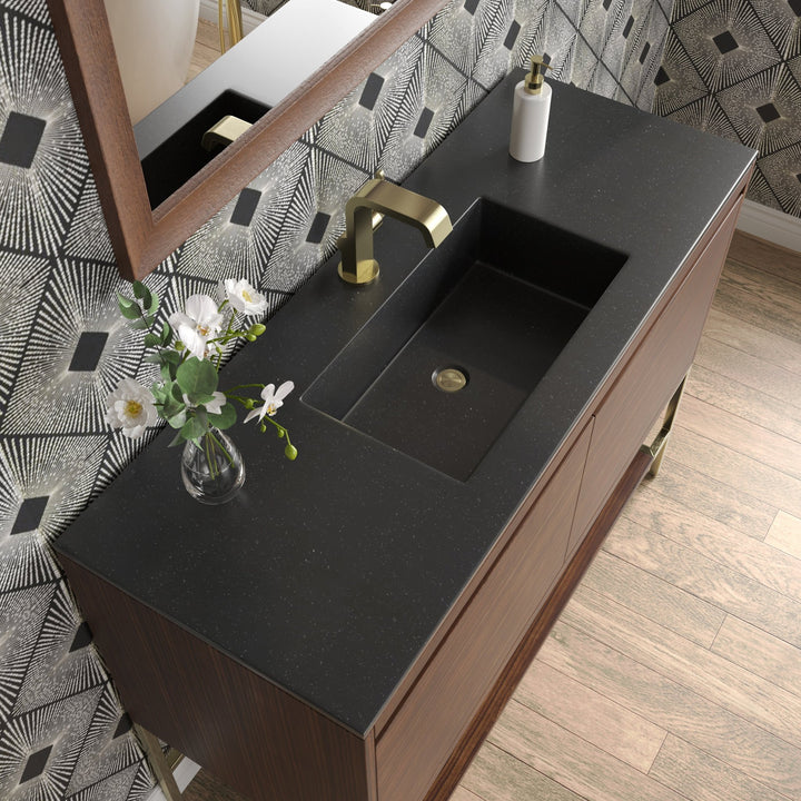 Mantova 47.3" Single Vanity, Mid-Century Walnut, Champagne Brass Base w/ Charcoal Black Composite Stone Top