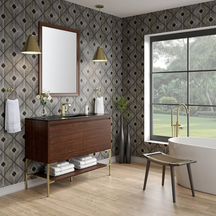 Mantova 47.3" Single Vanity, Mid-Century Walnut, Champagne Brass Base w/ Charcoal Black Composite Stone Top