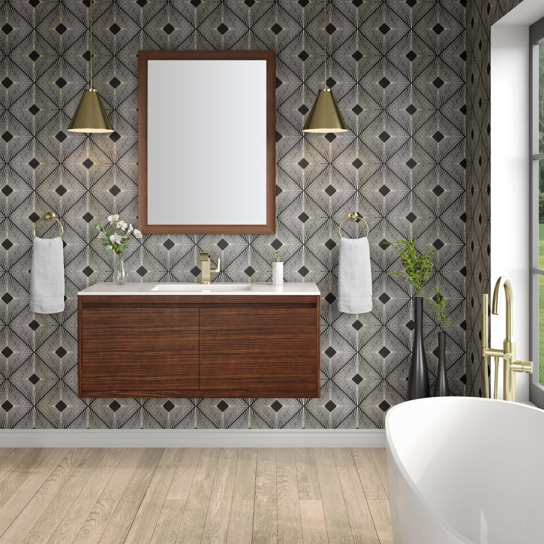 Mantova 47.3" Single Vanity, Mid-Century Walnut, Champagne Brass Base w/ Glossy White Composite Stone Top