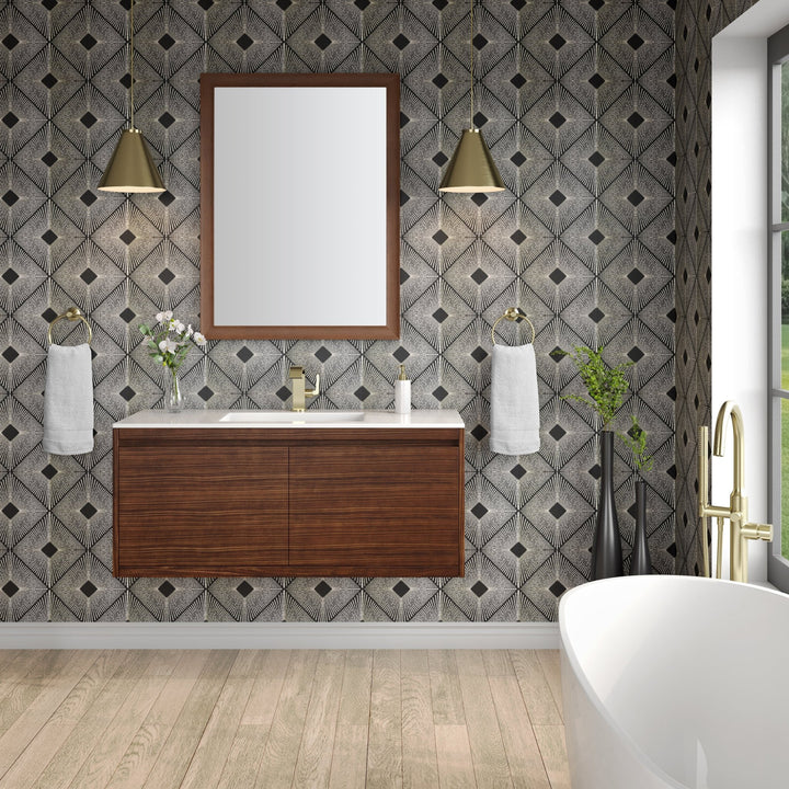 Mantova 47.3" Single Vanity, Mid-Century Walnut, Champagne Brass Base w/ Glossy White Composite Stone Top